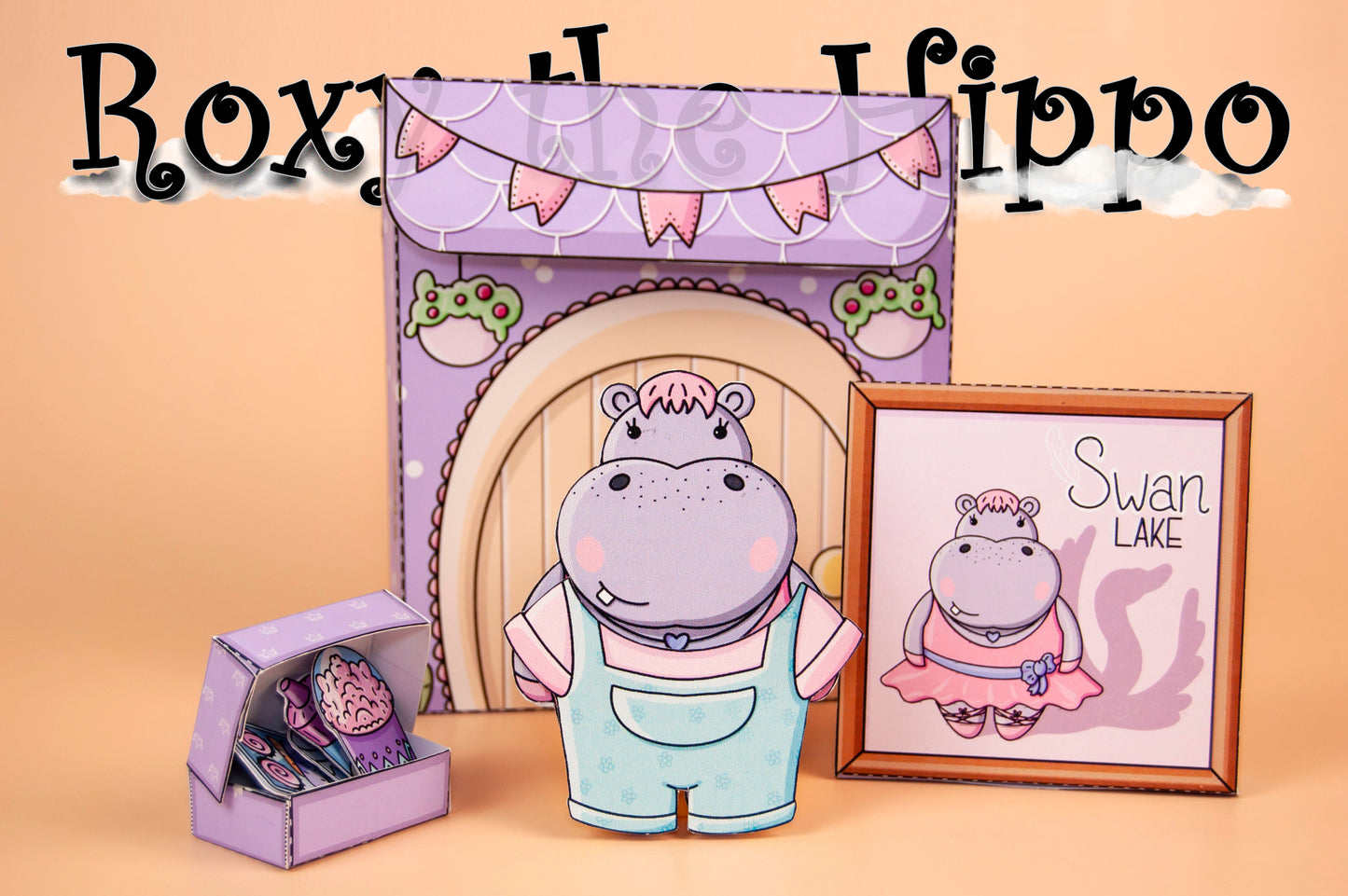 Printable Roxy the Hippo Ballerina Playset – DIY Paper Doll House, Ballet Dress-Up Kit, Digital Download