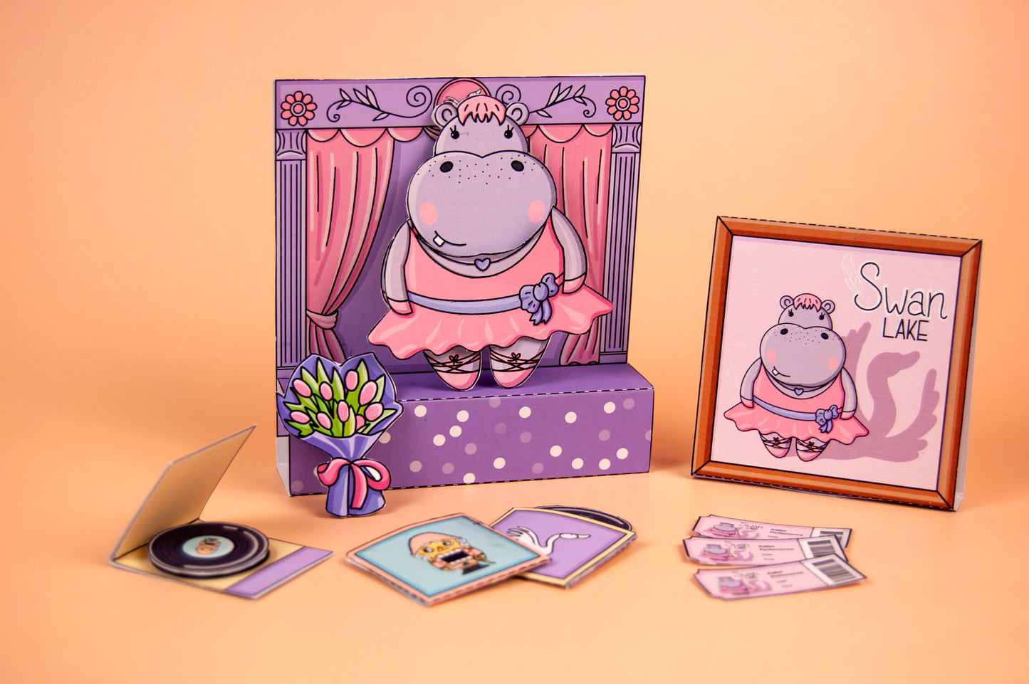 Printable Roxy the Hippo Ballerina Playset – DIY Paper Doll House, Ballet Dress-Up Kit, Digital Download
