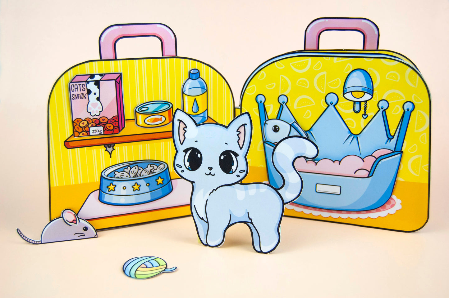 Printable Lucy the Cat’s Cozy Backpack House - DIY Paper Doll Playset, Interactive Kit for Kids, Digital Download