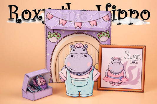 Printable Roxy the Hippo Ballerina Playset – DIY Paper Doll House, Ballet Dress-Up Kit, Digital Download